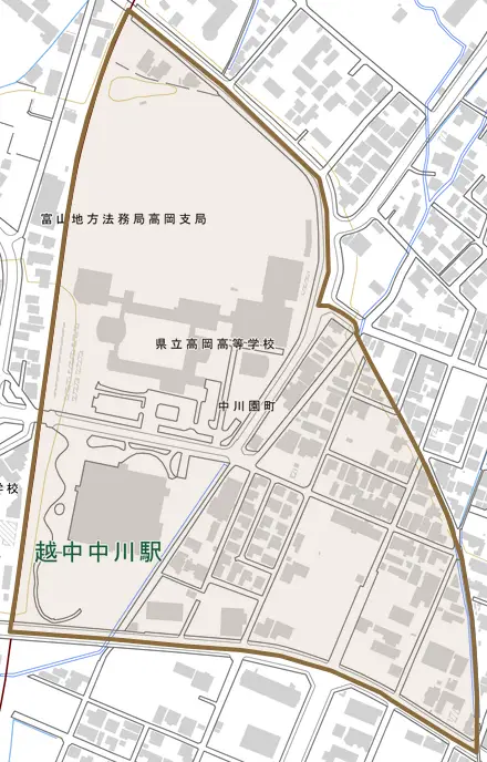 中川園町とその周辺の地図。町の範囲を重ねている