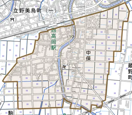 中保とその周辺の地図。町の範囲を重ねている