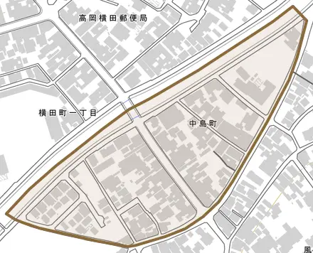 中島町とその周辺の地図。町の範囲を重ねている
