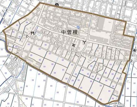 中曽根とその周辺の地図。町の範囲を重ねている