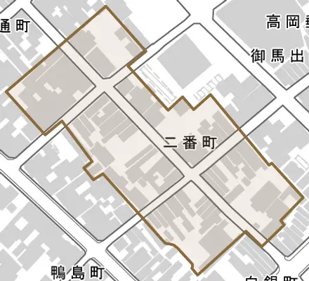 二番町とその周辺の地図。町の範囲を重ねている