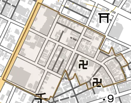 西町とその周辺の地図。町の範囲を重ねている