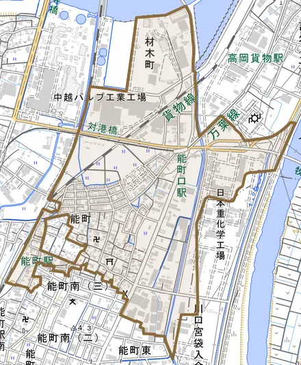 能町とその周辺の地図。町の範囲を重ねている