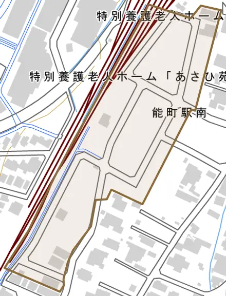 能町駅南とその周辺の地図。町の範囲を重ねている