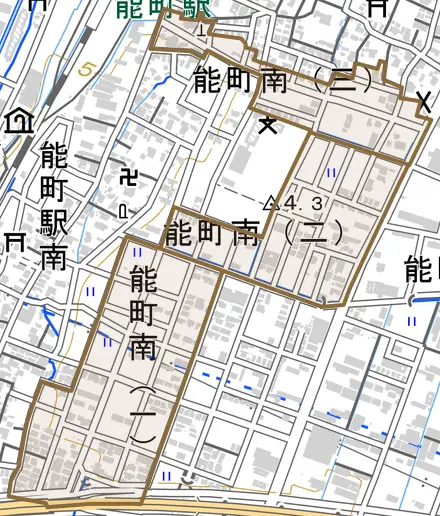 能町南とその周辺の地図。町の範囲を重ねている