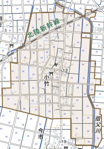 小竹とその周辺の地図。町の範囲を重ねている