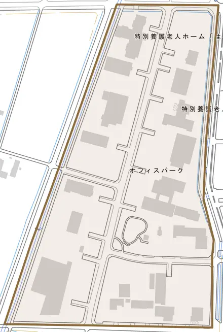 オフィスパークとその周辺の地図。町の範囲を重ねている