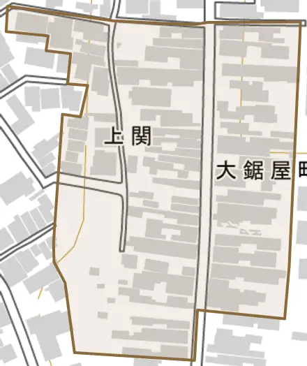大鋸屋町とその周辺の地図。町の範囲を重ねている