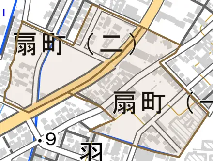 扇町とその周辺の地図。町の範囲を重ねている