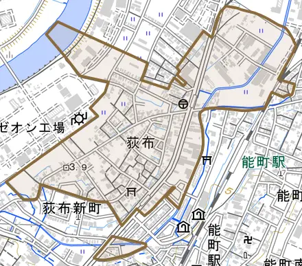 荻布とその周辺の地図。町の範囲を重ねている