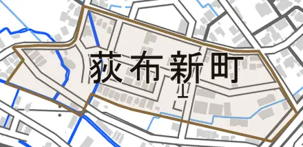 荻布新町とその周辺の地図。町の範囲を重ねている