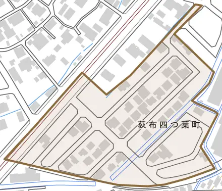 荻布四つ葉町とその周辺の地図。町の範囲を重ねている