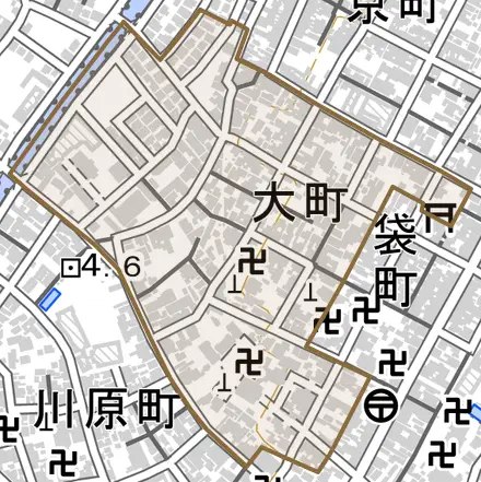 大町とその周辺の地図。町の範囲を重ねている