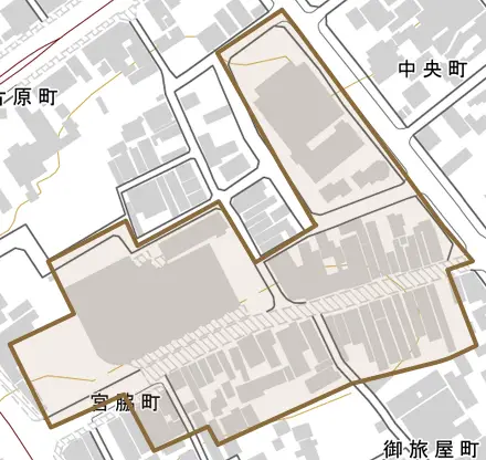 御旅屋町とその周辺の地図。町の範囲を重ねている