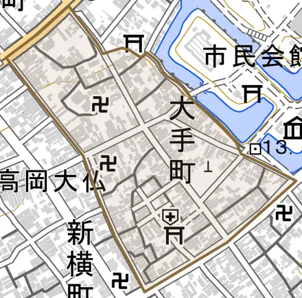 大手町とその周辺の地図。町の範囲を重ねている