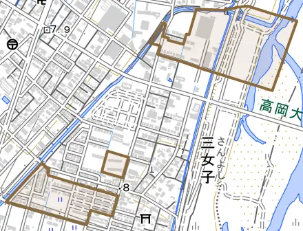 蓮花寺とその周辺の地図。町の範囲を重ねている