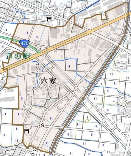 六家とその周辺の地図。町の範囲を重ねている