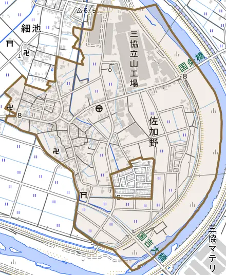 佐加野とその周辺の地図。町の範囲を重ねている