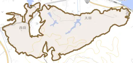 西田とその周辺の地図。町の範囲を重ねている