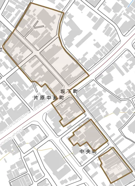 坂下町とその周辺の地図。町の範囲を重ねている