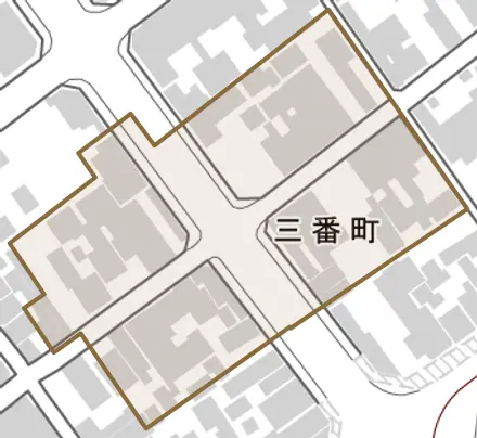 三番町とその周辺の地図。町の範囲を重ねている