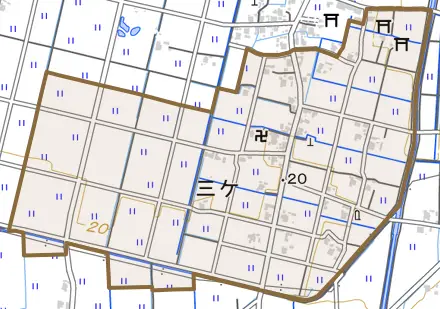 三ケとその周辺の地図。町の範囲を重ねている