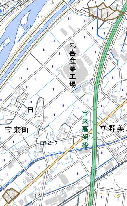 笹川とその周辺の地図。町の範囲を重ねている