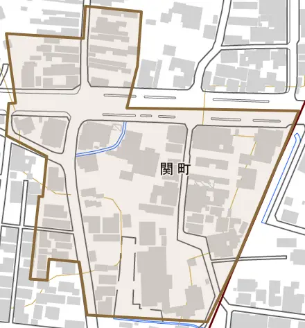 関町とその周辺の地図。町の範囲を重ねている