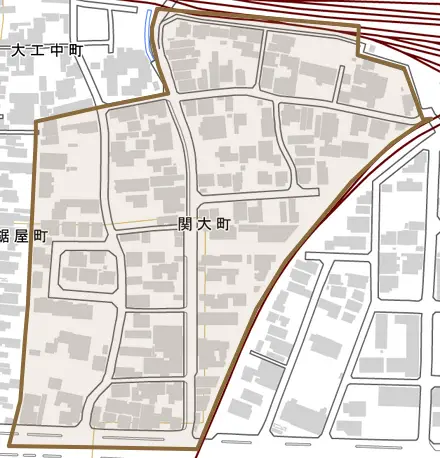 関大町とその周辺の地図。町の範囲を重ねている