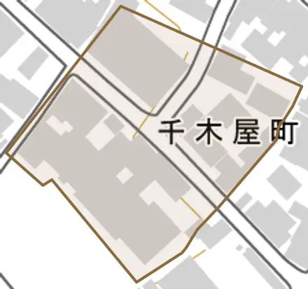 千木屋町とその周辺の地図。町の範囲を重ねている