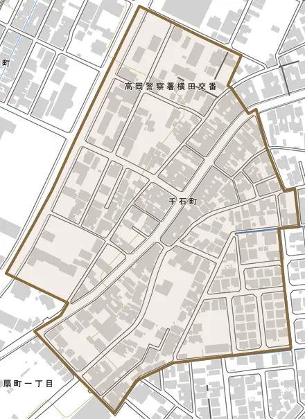千石町とその周辺の地図。町の範囲を重ねている