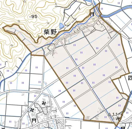 柴野とその周辺の地図。町の範囲を重ねている