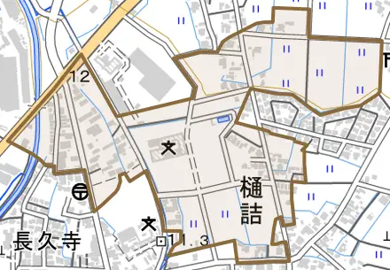 柴野内島とその周辺の地図。町の範囲を重ねている