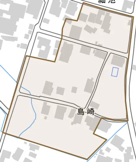 島崎とその周辺の地図。町の範囲を重ねている