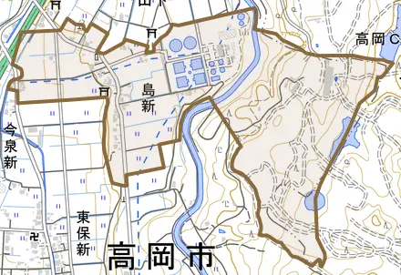 島新とその周辺の地図。町の範囲を重ねている