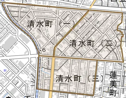 清水町とその周辺の地図。町の範囲を重ねている