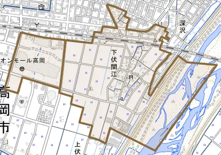 下伏間江とその周辺の地図。町の範囲を重ねている