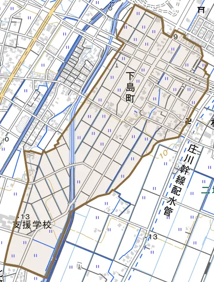 下島町とその周辺の地図。町の範囲を重ねている