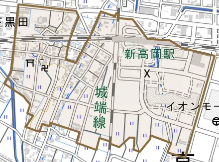 下黒田とその周辺の地図。町の範囲を重ねている