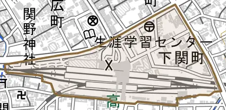 下関町とその周辺の地図。町の範囲を重ねている
