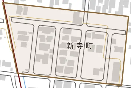 新寺町とその周辺の地図。町の範囲を重ねている