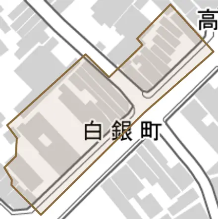 白銀町とその周辺の地図。町の範囲を重ねている