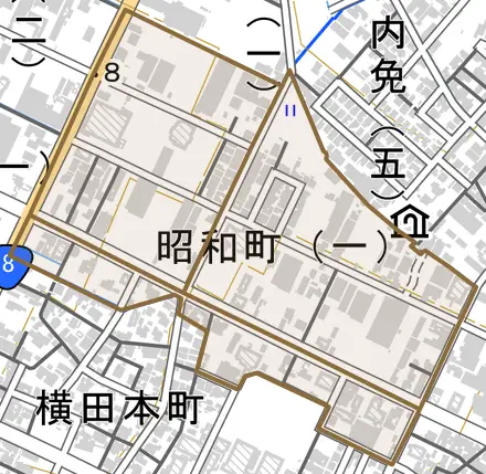 昭和町とその周辺の地図。町の範囲を重ねている