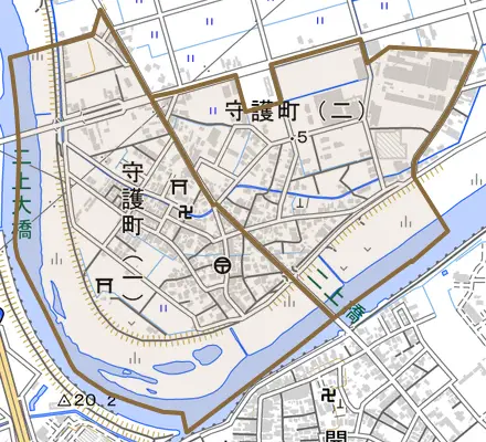守護町とその周辺の地図。町の範囲を重ねている