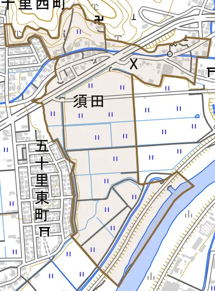須田とその周辺の地図。町の範囲を重ねている
