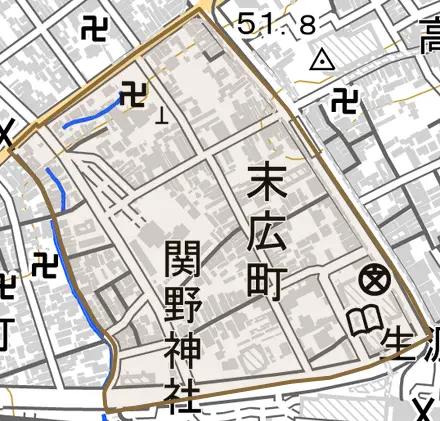 末広町とその周辺の地図。町の範囲を重ねている