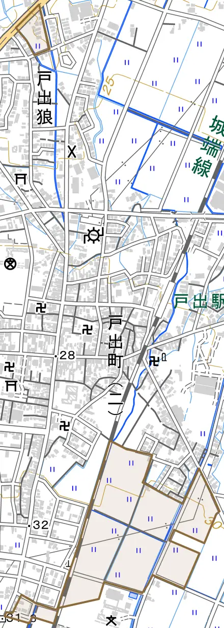 戸出とその周辺の地図。町の範囲を重ねている