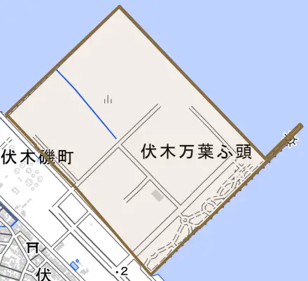 伏木万葉ふ頭とその周辺の地図。町の範囲を重ねている