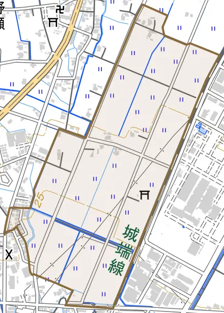 戸出市野瀬新とその周辺の地図。町の範囲を重ねている