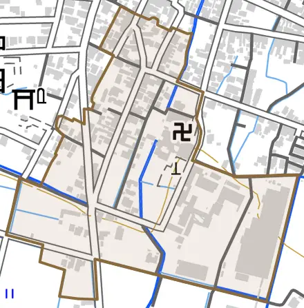 南町とその周辺の地図。町の範囲を重ねている